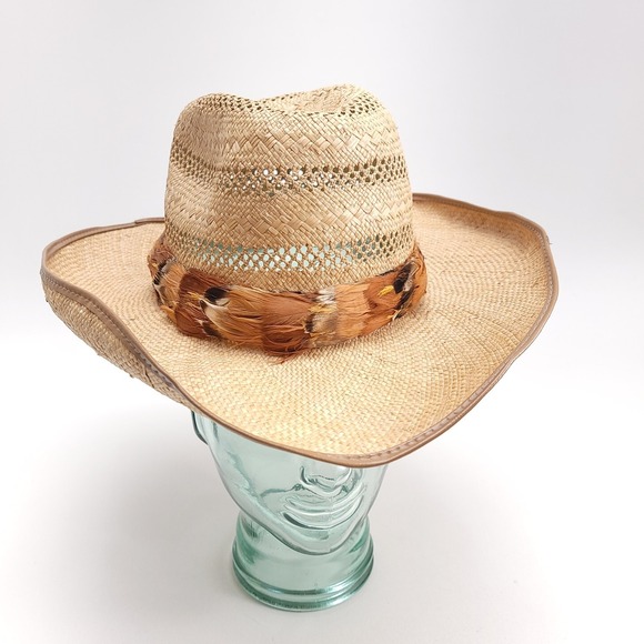 The Unbranded Brand Accessories - Woven Straw Western‎ Sun Hat Women's Small Feather Band Wire Rim Swiftie Outfit